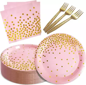 Pink and Gold Party Supplies,Serves 35 Guests Pink Paper Plates and Napkins,Disp - Picture 1 of 12