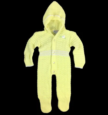 Suéter tejido de una pieza amarillo vintage de los años 60-70 con capucha mameluco para bebé con patas 3-6 meses Foto 1 de 4