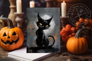 TARJETAS DE FELICITACIÓN HALLOWEEN GATO NEGRO 5.5X4.25 ESTILO ATERRADOR JACK-O-LANTERN BRUJA - Imagen 1 de 4