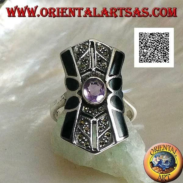 Anello Argento 925‰ ametista naturale montatura squadrata con marcasite e onice - Immagine 1 di 1