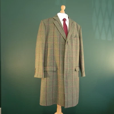 Samuel Windsor Overcoat Men's 44" Large  Green Wool Tweed Herringbone Check L  - Image 1 of 4