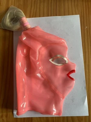 Pink Transparent Latex Hood Rubber Mask with golden wig&back zipper for Fetish - Image 1 of 4