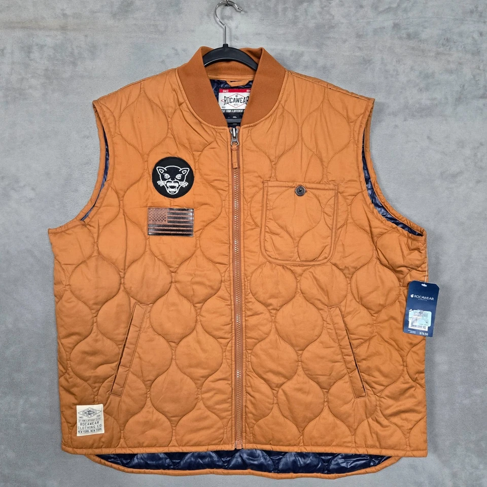 Rocawear Vest Mens 3XL Full Zip brown blue embroidered patches lightweight NWT - Image 1 of 4
