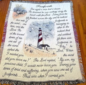 New Footprints Poem Sand Tapestry Blanket With Fringe/Art Deco - Picture 1 of 6