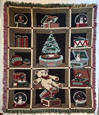 VTG 1995 Northwest Co Christmas Woven Fringed Throw Tree Bear Globes Music Box - Image 1 of 4