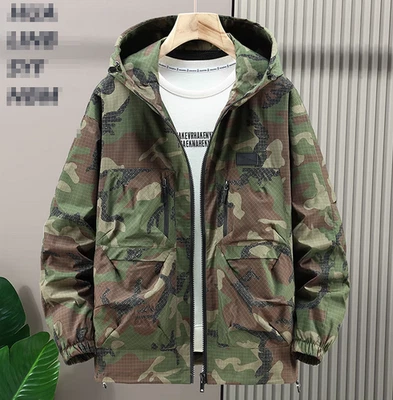 Men's Camo Jacket Lightweight Cargo Fat Man Hooded Coat Jacket Casual Outerwear - Image 1 of 4