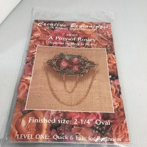 Vintage Silk Embroidery "A Posy Of Rosies" Pin Kit Sealed 2-1/4 Oval - Picture 1 of 8