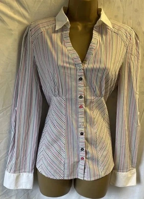 Next Candy Striped V Collar Size 16 Button Roll Tab Sleeved Y2K Shirt Blouse Top - Image 1 of 4