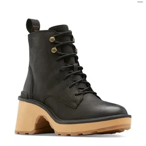Sorel Hi-Line Lace Up Lug Sole Waterproof Heeled Combat Boots Black Leather 8.5 - Picture 1 of 18