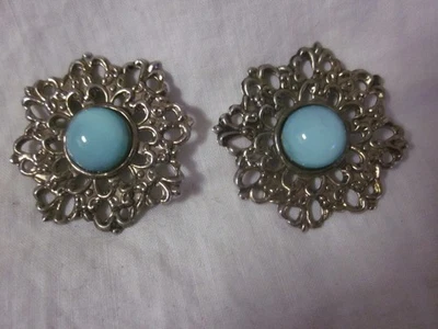 2 pc Large ornate filligree edge turquoise glass cabachon shank buttons New - Image 1 of 3