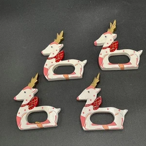 4 Hand Painted Reindeer Napkin Rings Pink Dots White and Red Plaid Wooden - Picture 1 of 5