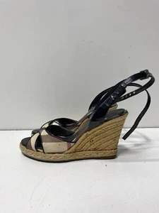 Burberry Black Nova Check Patent Ankle Strap Espadrille Wedge Sandal Sz 5.5 - Picture 1 of 11