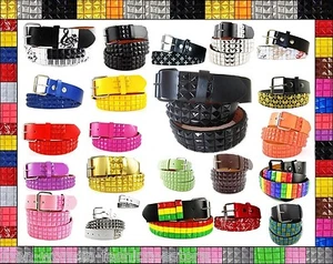 Unisex 3-Row Metal Pyramid Studded Leather Belt Mens Womens Punk Rock Goth Emo - Picture 1 of 26