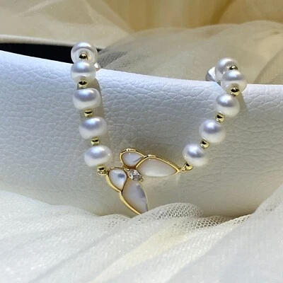 Pulsera Perla Blanca Cuentas Chapada en Oro 14K Joyería Madreperla Mariposa Foto 1 de 4