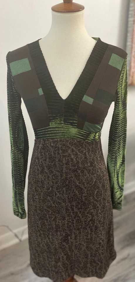 Vestido retro CUSTO Barcelona verde/marrón manga larga cuello en V, talla 3 Foto 1 de 4