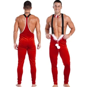 Mens Xmas Cosplay Jumpsuit With Bowknot Neckband Sexy Christmas One Piece Adult - Picture 1 of 28