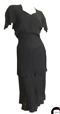 True Vintage 1940s Black Knife Pleat Tiered Dress  - Image 1 of 4