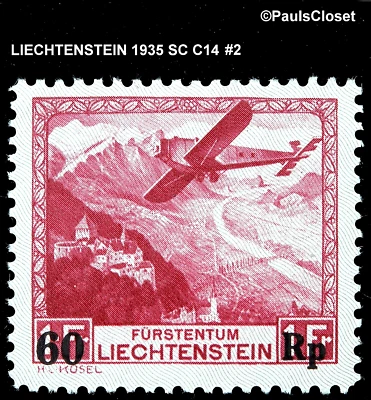 LIE 1935 SC C14 AIRPLANE OVR VADUZ SCHG OP 60rp on 1f MVLH OG FINE/VF - Image 1 of 2