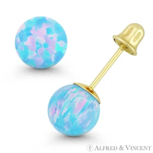 Fiery Azure Blue Synthetic Opal Ball Screwback Stud Aretes en oro amarillo de 14k - Imagen 1 de 1