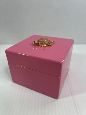 Lilly Pulitzer Pink Lacquer Square Box Turtle w Pearls 4x4x3 Green Velvet Lined - Image 1 of 4