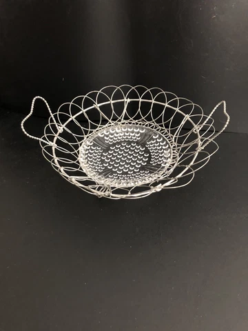 Vintage Footed Wire Basket with Handles & Hobnail Glass Insert Bottom Cover