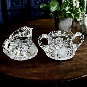 Antique Floral Cut Crystal Creamer & Sugar Daisy Pattern Sawtooth Mckee USA - Picture 1 of 11
