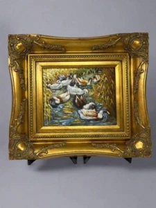 Serene Pond with Ducks in Ornate Gold Frame - Picture 1 of 4