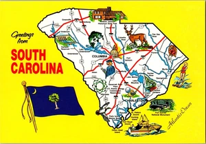 Tarjeta postal saludos desde mapa del estado de Carolina del Sur cromada sin publicar - Imagen 1 de 2
