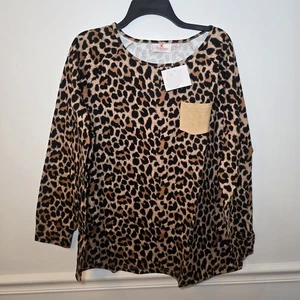 Quacker Factory Leopardenmuster Raglanärmel Top mit Kunstfarbe Braun Größe 1X  - Bild 1 von 5