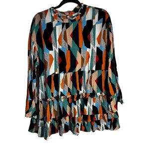 Jodifl Geometric Print Ruffle Tiered Boho Dress Women’s Size Large Long Sleeve - Picture 1 of 10