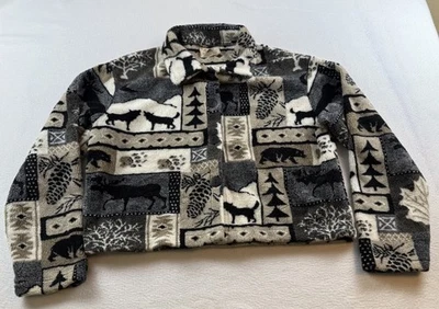 Black Mountain Gray Black White Wolf Print Fleece Button Up Jacket Women’s XL - Image 1 of 4