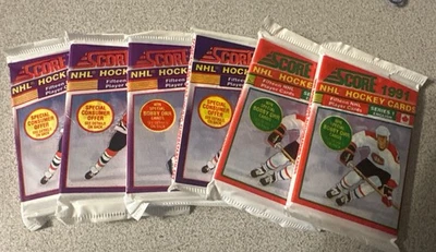 Lote de 10 91 Paquetes de Tarjetas de Hockey NHL Puntuación Serie 1 Bilingüe Sellado Bobby Orr? Foto 1 de 2