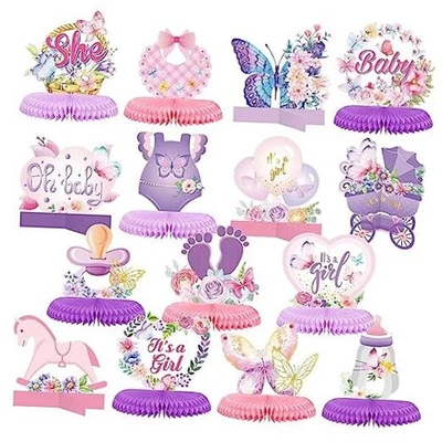 15 peças peças centrais de favo de mel para chá de bebê borboleta It's a Girl roxo e  - Imagem 1 de 4