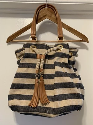 UGG Drawstring Handbag Navy Striped Canvas Leather Tassels UGG Purse 11x11 - Image 1 of 4
