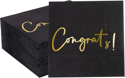 Congratulations Cocktail Napkins 50 Pack Gold Foil Congrats! Black Paper Napkin - Image 1 of 4