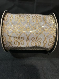 d. stevens Luxury Fine Ribbon Gold And Gray Blue Scroll Design 4” x 10 Yd New - Picture 1 of 3