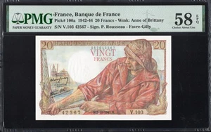 France 20 Francs P100a 1942-44 PMG58 Choice aUNC EPQ Banknote French FIRST ISSUE - Picture 1 of 2