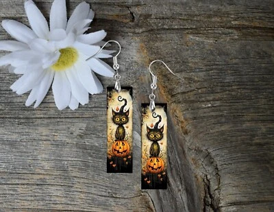 Black Cat and Pumpkins Halloween Print Dangle Wood Bar Printed Earrings Jewelry - Image 1 of 3
