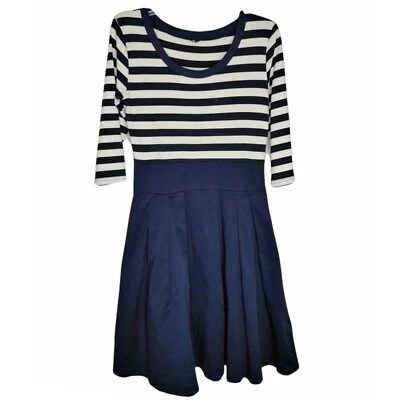 Vestido Miusol Azul Marino y Blanco Manga 3/4 Cremallera Oculta Talla L Rayas Plisado Foto 1 de 4