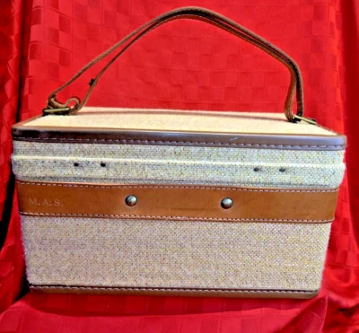 Vintage HARTMANN Tweed/ Leather Make-Up Train Case Original Pouch Mirror/No keys - Image 1 of 4
