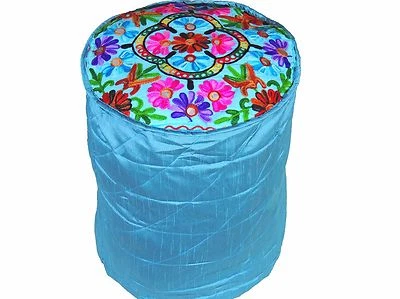 Blue Floral Circular Pouf Cover Embroidery Floor Seating Ottoman Footstool 16" - Image 1 of 3