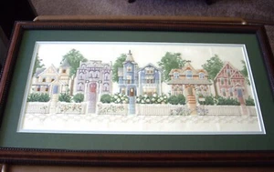 MATTED AND FRAMED CROSS STITCH ..STREET OF VICTORIAN HOUSES..BEAUTIFUL FRAME - Picture 1 of 1