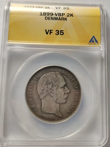 Denmark 2 kroner 2k 1899 VBP, ANACS VF35 "King Christian IX (1873 - 1906)" 2B Cover