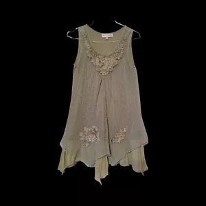 Camicia blusa senza maniche graziosa angelo orlo a strati con volant taglia small verde fiore - Foto 1 di 4