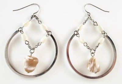 £35 Silver Rhodium White Brown Mother Of Pearl Shell Round Hoop Drop Earrings - Image 1 of 3