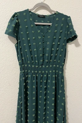 Swiss Dot Dress L Green Short Sleeve Christmas Fashion Midi V-Neck Button - Image 1 of 4