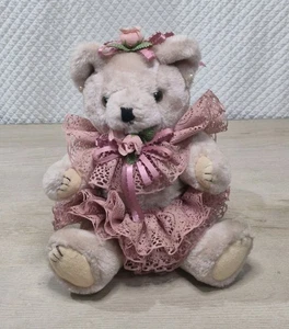 VTG Flower Girl Bear Pink Rose Flower Lace Teddy Bear 12" Plush Arm Legs Rotate - Picture 1 of 7
