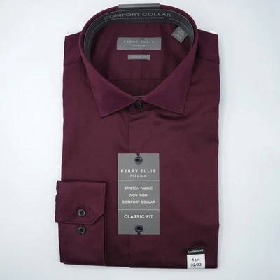 Perry Ellis Men's Dress Shirt 16.5"-32/33" Wine Red Solid Stretch Non Iron NWT - Image 1 of 4