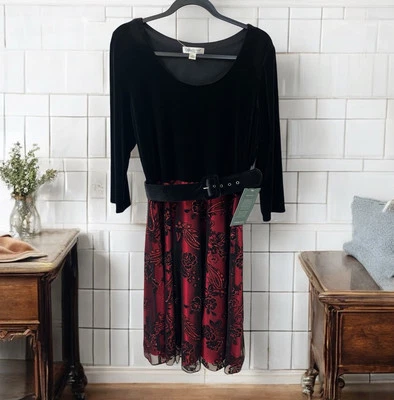 NWT Coldwater Creek Black Velvet Red Floral Mesh Glitter Holiday Dress Size 14 - Image 1 of 4