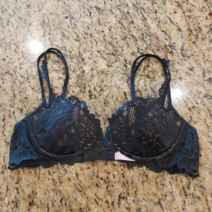 Victoria's Secret Black Lace Overlay Bra Size 36B Underwire Adj Strap - Picture 1 of 20
